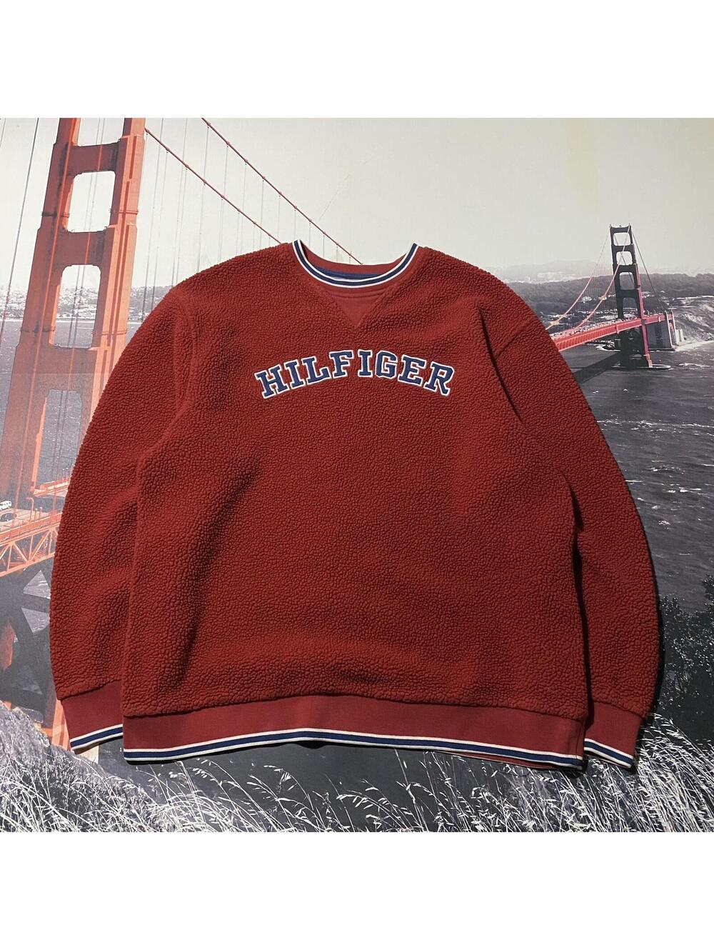 Vintage Tommy Hilfiger Jeans Sweatshirt Mens Sz L Spell Out Red Crewneck Striped